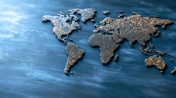 The world map is shown on a blue background photo
