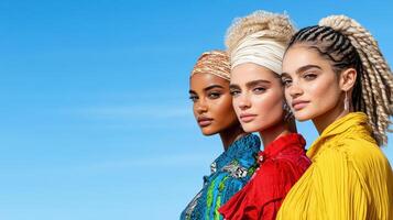 Three women with braids and colorful outfits photo