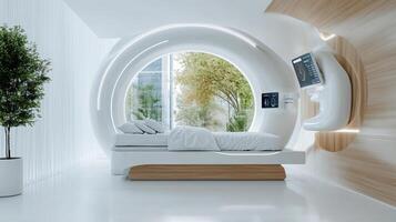 A modern bedroom with a circular bed and a white wall photo