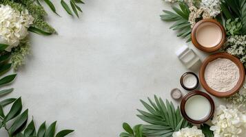 Beauty products and flowers on a white background photo