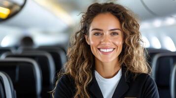 A woman in an airline uniform smiling on an airplane photo