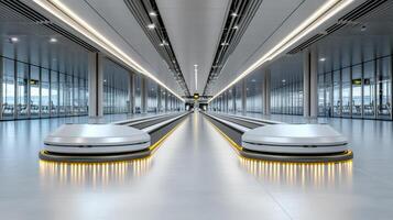 A long line of conveyor belts in an airport photo