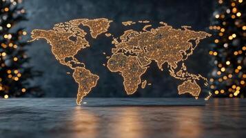 World map with christmas lights on the table photo