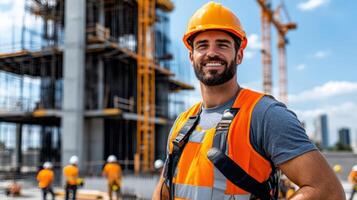 A man in an orange vest and hard hat standing in front of a construction site photo