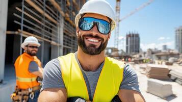 A man in a hard hat and safety vest standing in front of a construction site photo