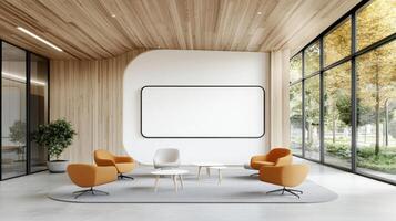 An empty office with wooden walls and chairs photo