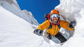 A man in an orange jacket and helmet is climbing through a snow cave photo