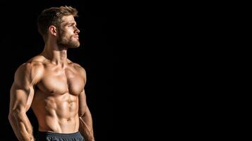 A man with no shirt on is standing in front of a black background photo
