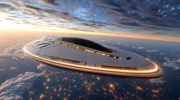 An alien spaceship flying above the clouds photo