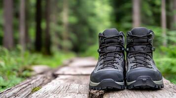 A pair of hiking boots on a wooden board in the woods photo