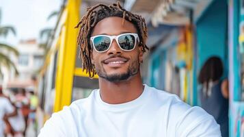 A man with dreadlocks wearing sunglasses and a white t - shirt photo