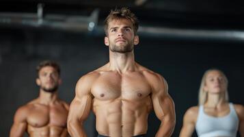 A group of men standing in front of a man with no shirt on photo