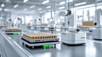 Robots in a factory with a conveyor belt photo