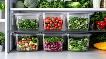 A refrigerator with several containers of vegetables photo