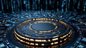 A circular object with glowing lights and a digital background photo