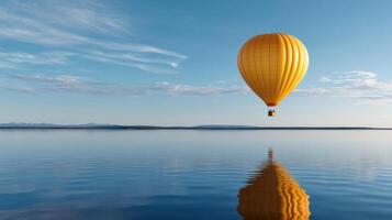 A yellow hot air balloon floating in the water photo