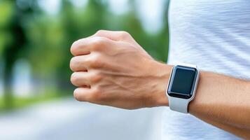 A man wearing a smart watch on his wrist photo