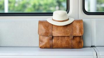 A hat and a brown leather bag on a train photo