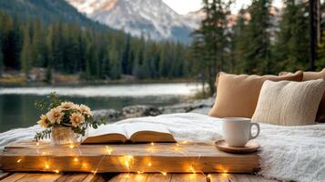 A book, coffee and a candle sit on a wooden table near a lake photo
