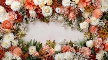 Floral frame with white and orange flowers on a pink background photo