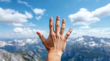 A hand reaching up to the sky with mountains in the background photo