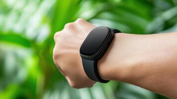 A person wearing a smart watch on their wrist photo