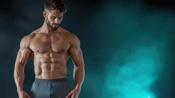 A man in underwear standing in front of a blue light photo