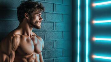 A shirtless man standing in front of a neon light photo