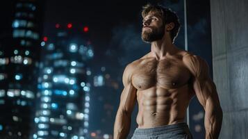 A man with a shirtless body standing in front of a city at night photo