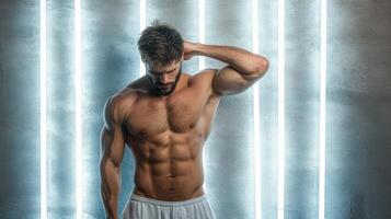 A shirtless man standing in front of a wall with neon lights photo