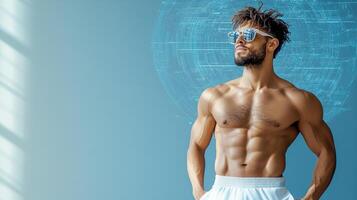 A shirtless man in sunglasses standing in front of a blue background photo