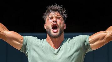 A man with his arms raised up and shouting photo