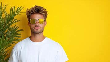 A man wearing sunglasses and a white t - shirt is standing next to a palm tree photo