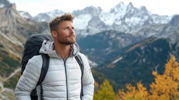 A man with a backpack standing in front of a mountain photo