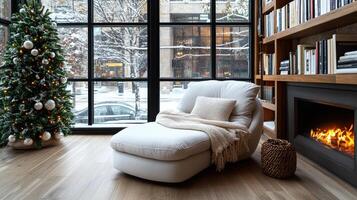 A chair and a christmas tree in front of a fireplace photo
