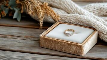 A diamond ring sits in a box on a wooden table photo