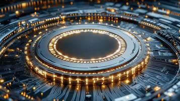 A circular electronic circuit board with a glowing light photo
