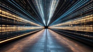 A long tunnel with lights and a long line of data photo