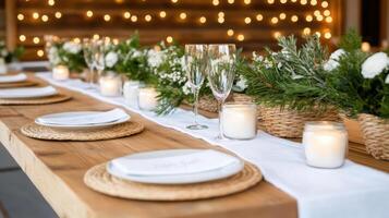 A long table with white plates and candles photo