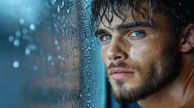 A man with a beard looks out the window photo