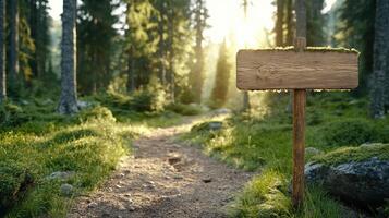 Wooden sign in the forest at sunset photo