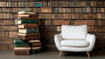 A chair and bookshelves in front of a wall of books photo