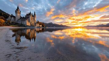 The sun sets over a castle on the shore of a lake photo