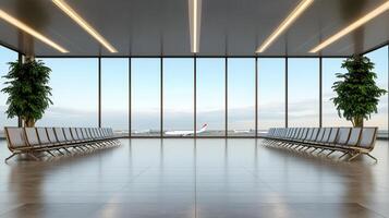 Empty waiting room with chairs and a plane window photo