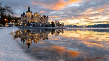 A castle sits on the shore of a lake at sunset photo