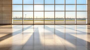Empty airport terminal with large windows and sunlight photo