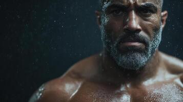 A man with a beard and a beard standing in the rain photo
