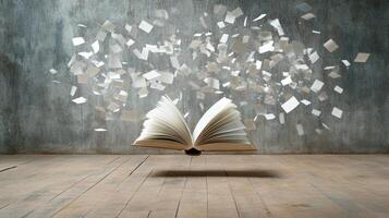 An open book with paper flying around it photo