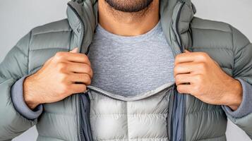 A man is putting on a jacket photo