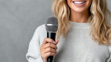 A woman holding a microphone and smiling photo